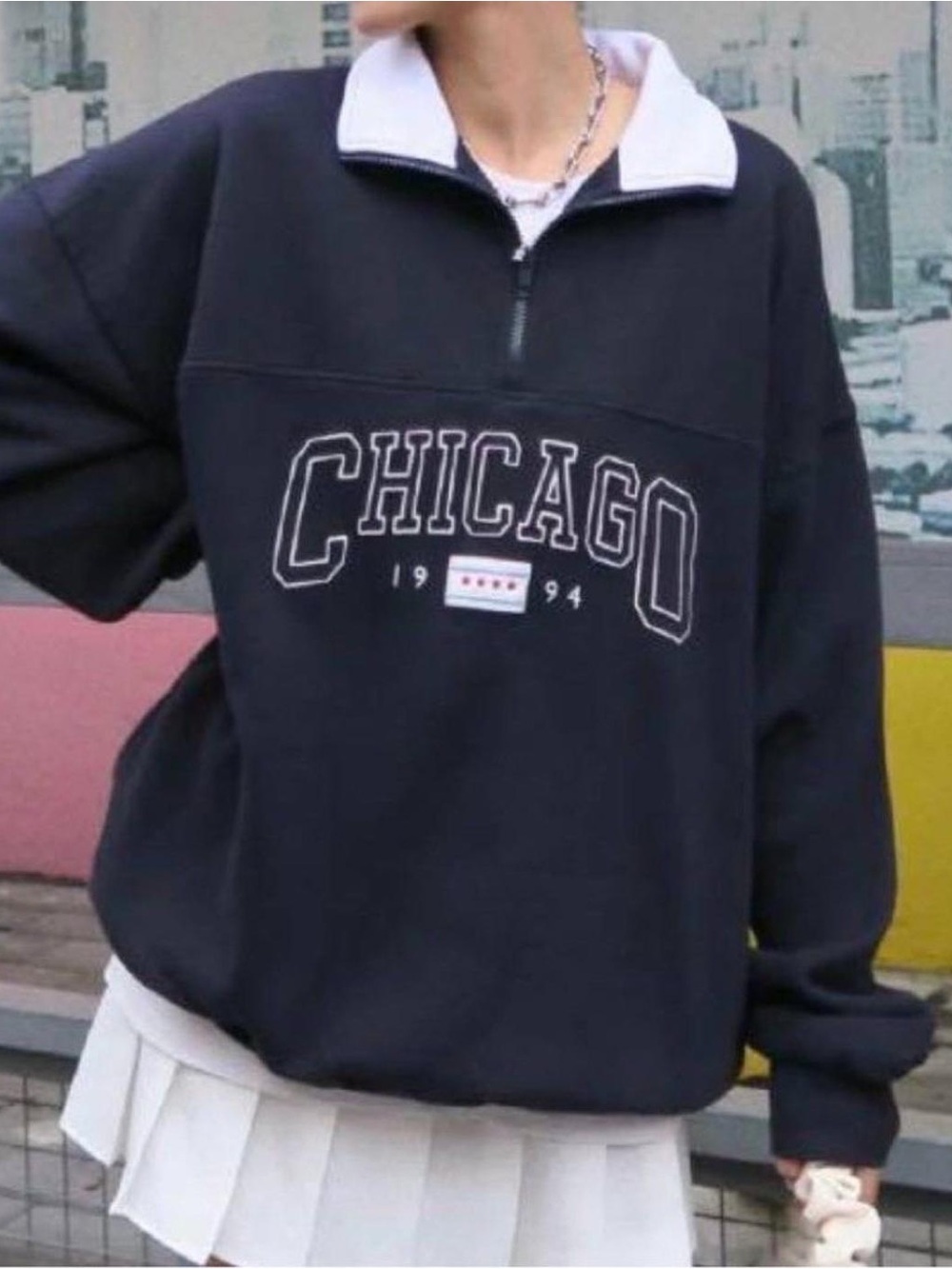 Brandy Melville Black Zip-Up Chicago Pullover with White Collar